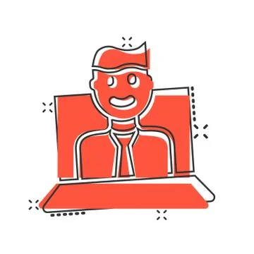 People with laptop computer icon in comic style. Pc user cartoon vector illus Stock Illustration