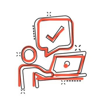 People with laptop computer icon in comic style. Pc user check mark cartoon v Stock Illustration