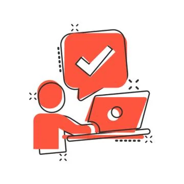 People with laptop computer icon in comic style. Pc user check mark cartoon v Illustrazione stock