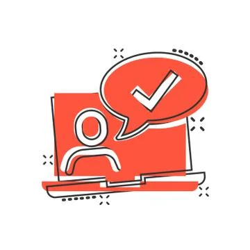 People with laptop computer icon in comic style. Pc user check mark cartoon v 스톡 일러스트