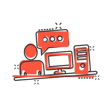 People with laptop computer icon in comic style. Pc user cartoon vector illus Illustrazione stock