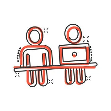 People with laptop computer icon in comic style. Pc user cartoon vector illus Stock Illustration