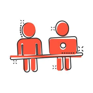 People with laptop computer icon in comic style. Pc user cartoon vector illus Stock Illustration