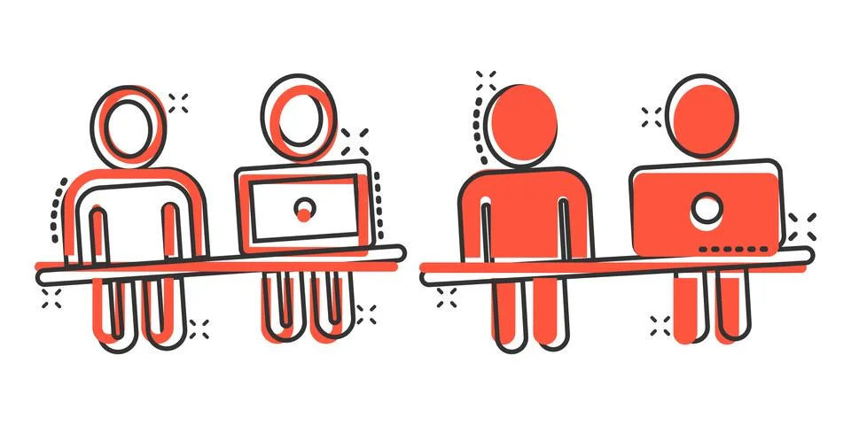 People with laptop computer icon in comic style. Pc user cartoon vector illus Stock Illustration