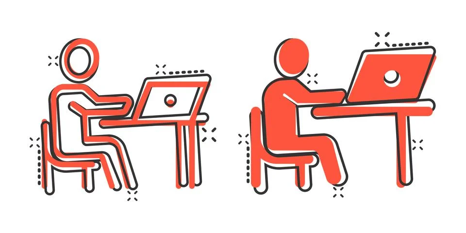 People with laptop computer icon in comic style. Pc user cartoon vector illus Stock Illustration
