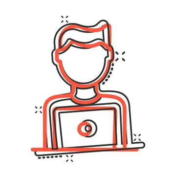 People with laptop computer icon in comic style. Pc user cartoon vector illus Stock Illustration