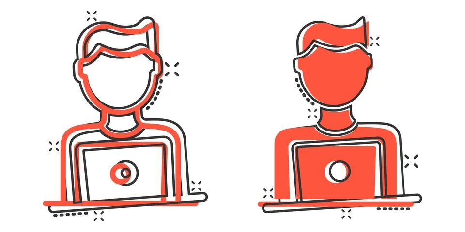 People with laptop computer icon in comic style. Pc user cartoon vector illus Stock Illustration