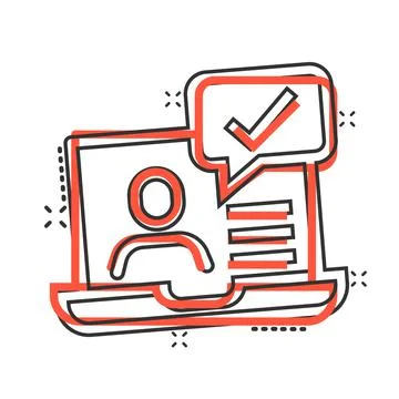 People with laptop computer icon in comic style. Pc user check mark cartoon v Stock Illustration