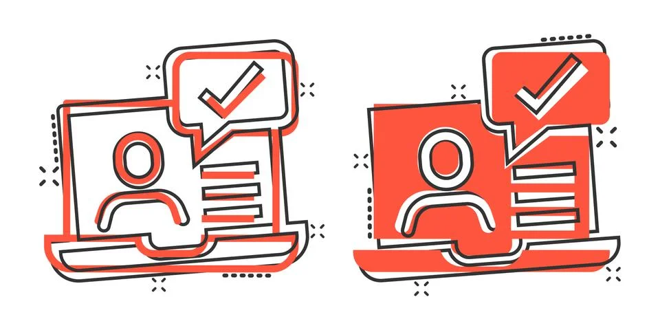 People with laptop computer icon in comic style. Pc user check mark cartoon v Stock Illustration