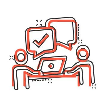 People with laptop computer icon in comic style. Pc user check mark cartoon v Stock Illustration