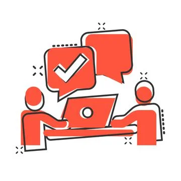 People with laptop computer icon in comic style. Pc user check mark cartoon v 스톡 일러스트