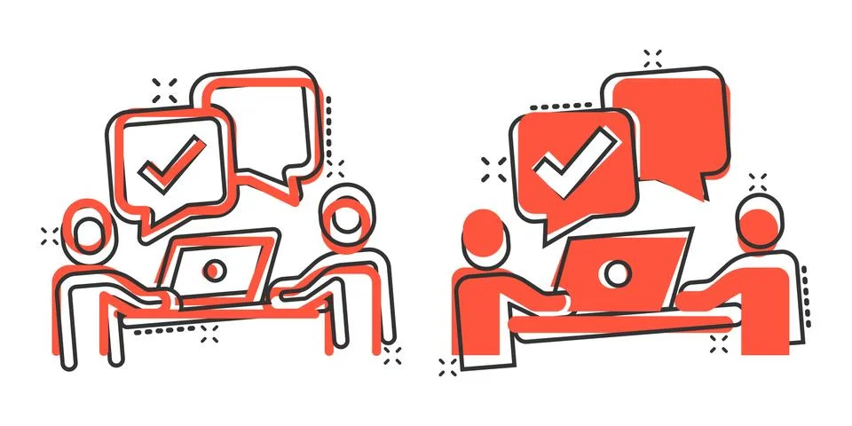People with laptop computer icon in comic style. Pc user check mark cartoon v 스톡 일러스트