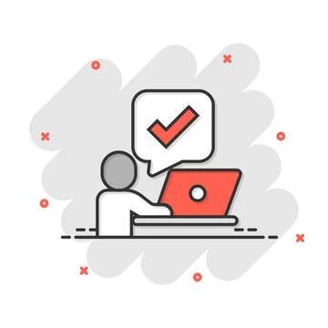 People with laptop computer icon in comic style. Pc user check mark cartoon v 스톡 일러스트