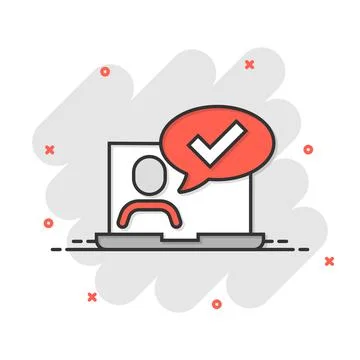 People with laptop computer icon in comic style. Pc user check mark cartoon v 스톡 일러스트