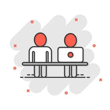 People with laptop computer icon in comic style. Pc user cartoon vector illus 스톡 일러스트