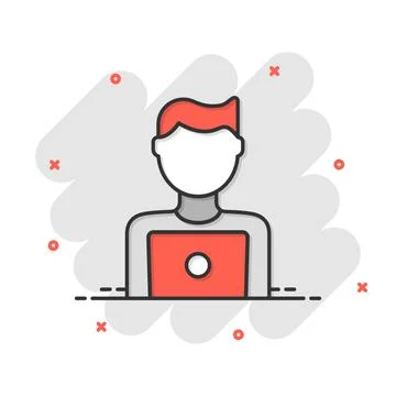 People with laptop computer icon in comic style. Pc user cartoon vector illus Illustrazione stock