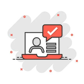 People with laptop computer icon in comic style. Pc user check mark cartoon v Stock Illustration