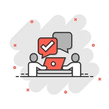 People with laptop computer icon in comic style. Pc user check mark cartoon v Illustrazione stock