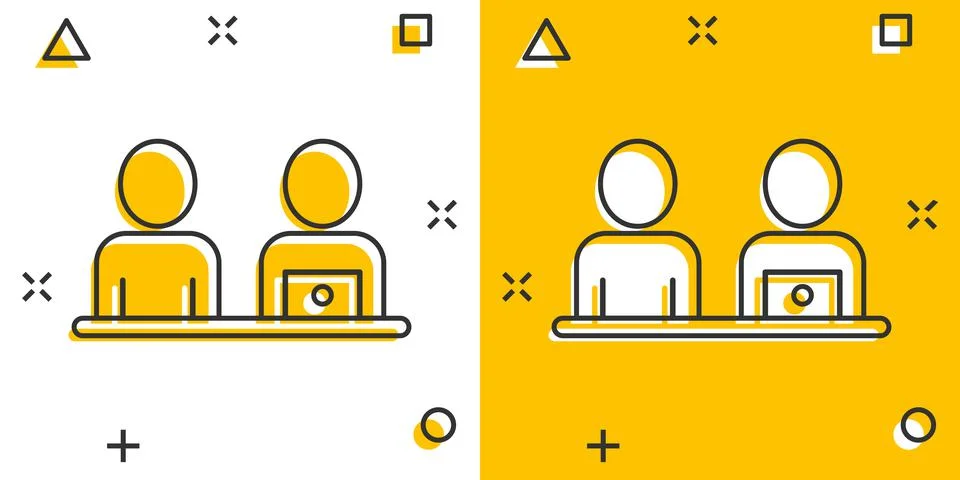 People with laptop computer icon in comic style. Pc user cartoon vector illus Stock Illustration