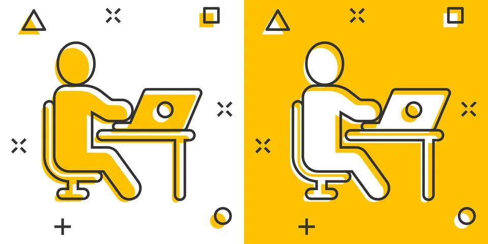 People with laptop computer icon in comic style. Pc user cartoon vector illus Stock Illustration