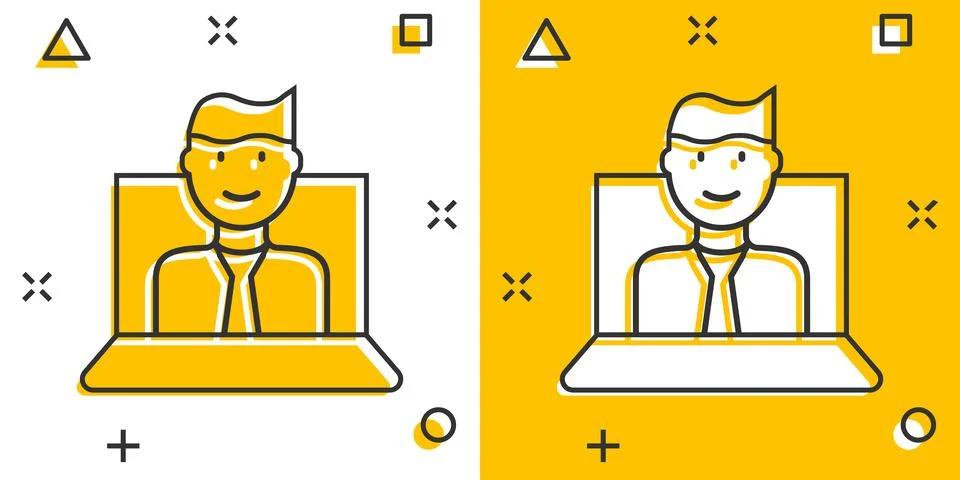 People with laptop computer icon in comic style. Pc user cartoon vector illus Stock Illustration