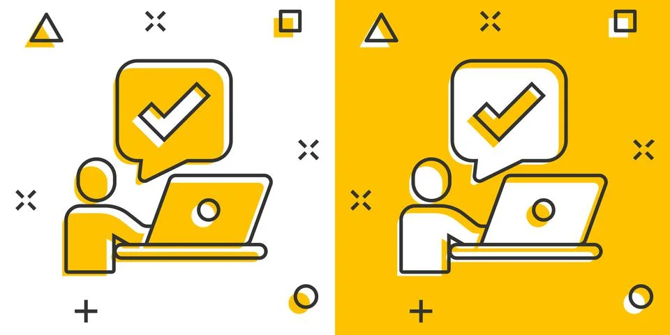 People with laptop computer icon in comic style. Pc user check mark cartoon v 스톡 일러스트