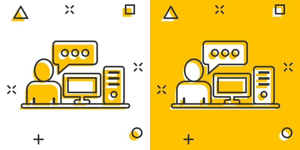 People with laptop computer icon in comic style. Pc user cartoon vector illus Stock Illustration