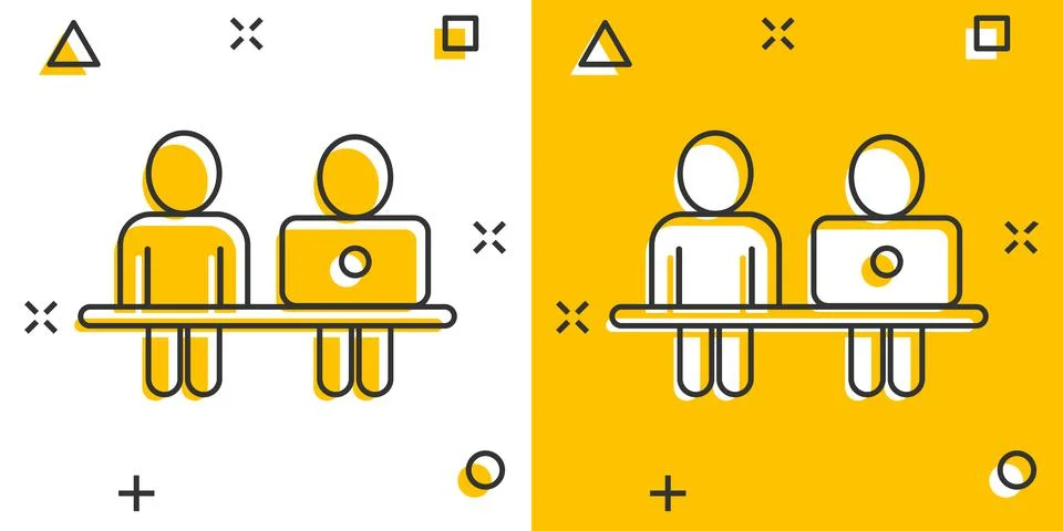 People with laptop computer icon in comic style. Pc user cartoon vector illus 스톡 일러스트