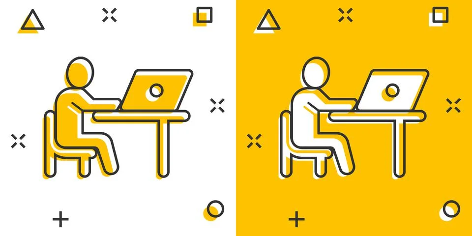 People with laptop computer icon in comic style. Pc user cartoon vector illus Stock Illustration