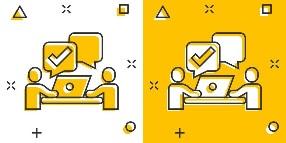 People with laptop computer icon in comic style. Pc user check mark cartoon v Illustrazione stock