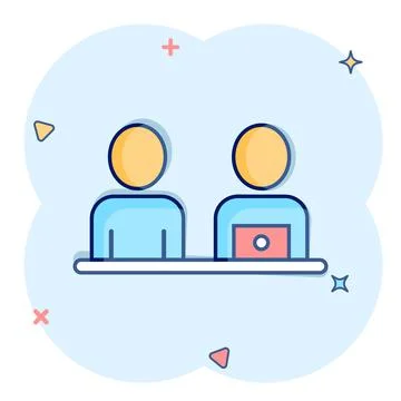 People with laptop computer icon in comic style. Pc user cartoon vector illus Illustrazione stock