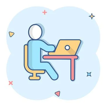 People with laptop computer icon in comic style. Pc user cartoon vector illus Stock Illustration