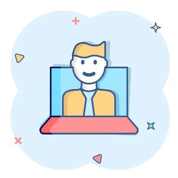 People with laptop computer icon in comic style. Pc user cartoon vector illus 스톡 일러스트