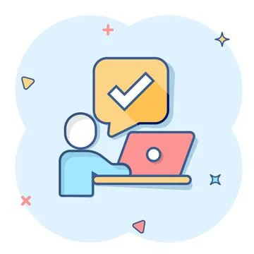 People with laptop computer icon in comic style. Pc user check mark cartoon v Illustrazione stock