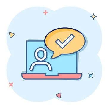 People with laptop computer icon in comic style. Pc user check mark cartoon v Stock Illustration