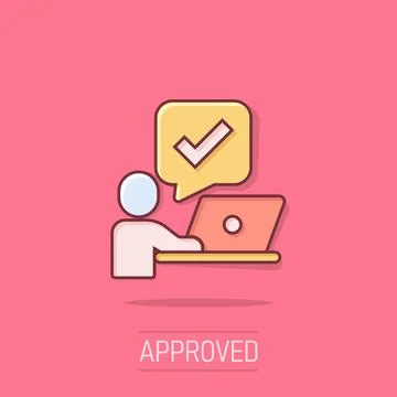 People with laptop computer icon in comic style. Pc user check mark cartoon.. 스톡 일러스트