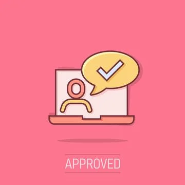 People with laptop computer icon in comic style. Pc user check mark cartoon.. Stock Illustration