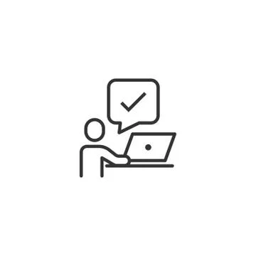People with laptop computer icon in flat style. Pc user check mark vector ill Illustrazione stock