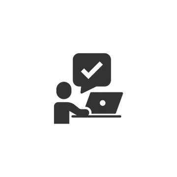 People with laptop computer icon in flat style. Pc user check mark vector ill Illustrazione stock