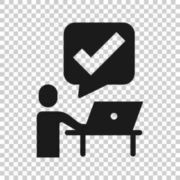People with laptop computer icon in flat style. Pc user check mark vector ill Illustrazione stock