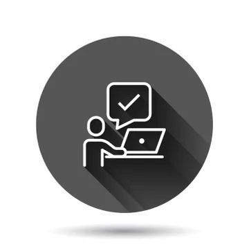 People with laptop computer icon in flat style. Pc user check mark vector ill Illustrazione stock