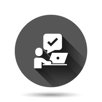 People with laptop computer icon in flat style. Pc user check mark vector ill Stock Illustration