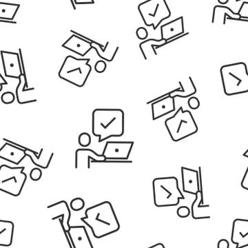 People with laptop computer icon in flat style. Pc user check mark vector ill イラスト素材