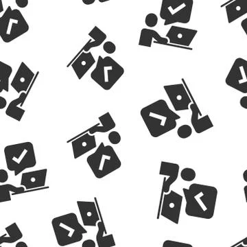 People with laptop computer icon in flat style. Pc user check mark vector ill Illustrazione stock