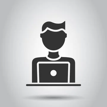 People with laptop computer icon in flat style. Pc user vector illustration o Stock Illustration