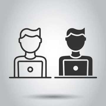 People with laptop computer icon in flat style. Pc user vector illustration o Illustrazione stock