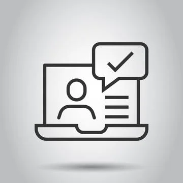 People with laptop computer icon in flat style. Pc user check mark vector ill Illustrazione stock