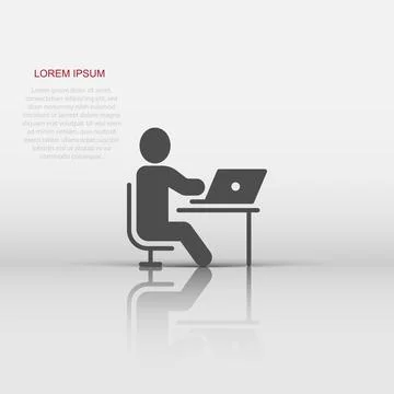 People with laptop computer icon in flat style. Pc user vector illustration.. Stock Illustration