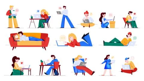 People with laptop computer set. Collection of character Illustrazione stock