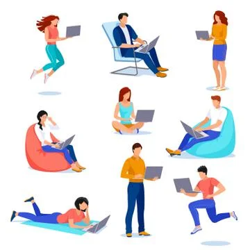 People with laptops in different poses. Vector flat cartoon illustration. You 스톡 일러스트